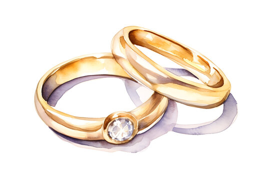 Pair of wedding rings in watercolor style isolated on white background