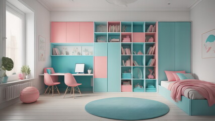 Turquoise and pink childrens room with a study desk and toys