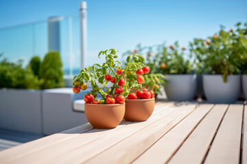 Ripe cherry tomatoes growing in terracotta pots on Sunny Balcony