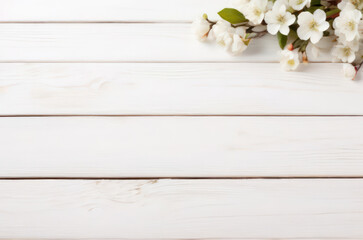 white wood table top with white blossoms spring background 