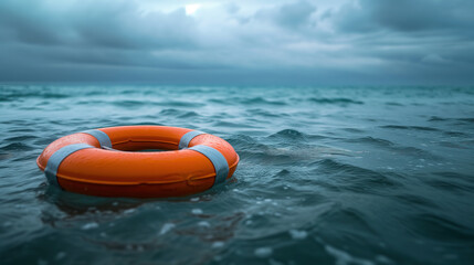 Fototapeta na wymiar lifebuoy floats in the sea in cloudy weather