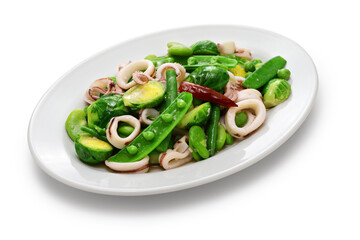 Spring salad with beans, brussels sprouts, and calamari.