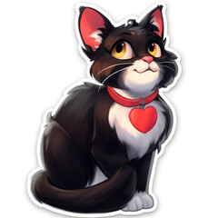 Sticker of black cartoon cat with red heart on neck. Valentine's day, love, relationship
