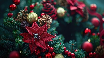 A detailed view of a Christmas wreath adorned with festive ornaments. Perfect for holiday decorations and greeting cards