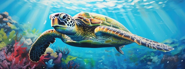 a green sea turtle in a beautiful blue ocean. turquoise water color. background wallpaper	 - obrazy, fototapety, plakaty
