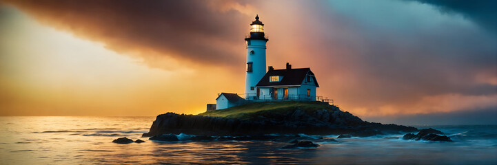 Fototapeta na wymiar Lighthouse And Hause On The Small Island