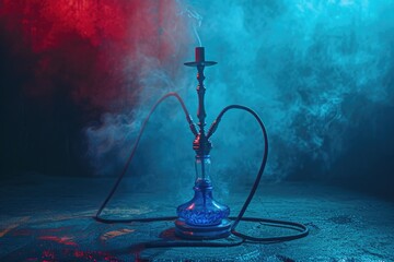 A hookah smoking on a table with smoke emanating from it. Suitable for various social gatherings and events - obrazy, fototapety, plakaty