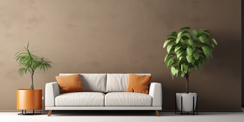 Trendy interior with comfortable sofa and indoor plant.