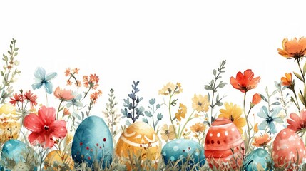 Colorful Watercolor Floral Border with Easter Eggs and Flowers - AI Generated