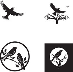 Set of Birds Flying black silhouettes on white background