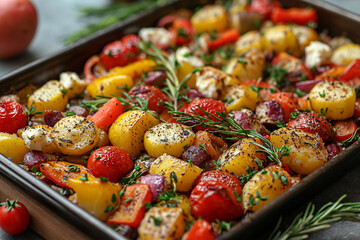 Baked vegetables with feta cheese in a baking dish. - obrazy, fototapety, plakaty