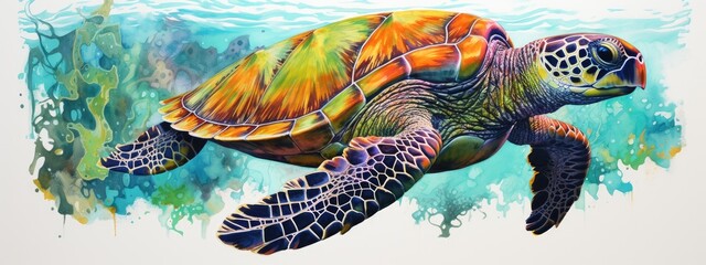a green sea turtle in a beautiful blue ocean. turquoise water color. background wallpaper	