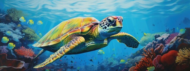 a green sea turtle in a beautiful blue ocean. turquoise water color. background wallpaper	