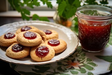 A White Plate With Cookies On It Is Next To A Bowl With Jam