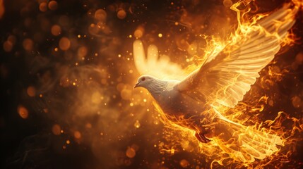 Symbol of Peace: Flying White Dove with Fire Effect on Dark Background - AI Generated