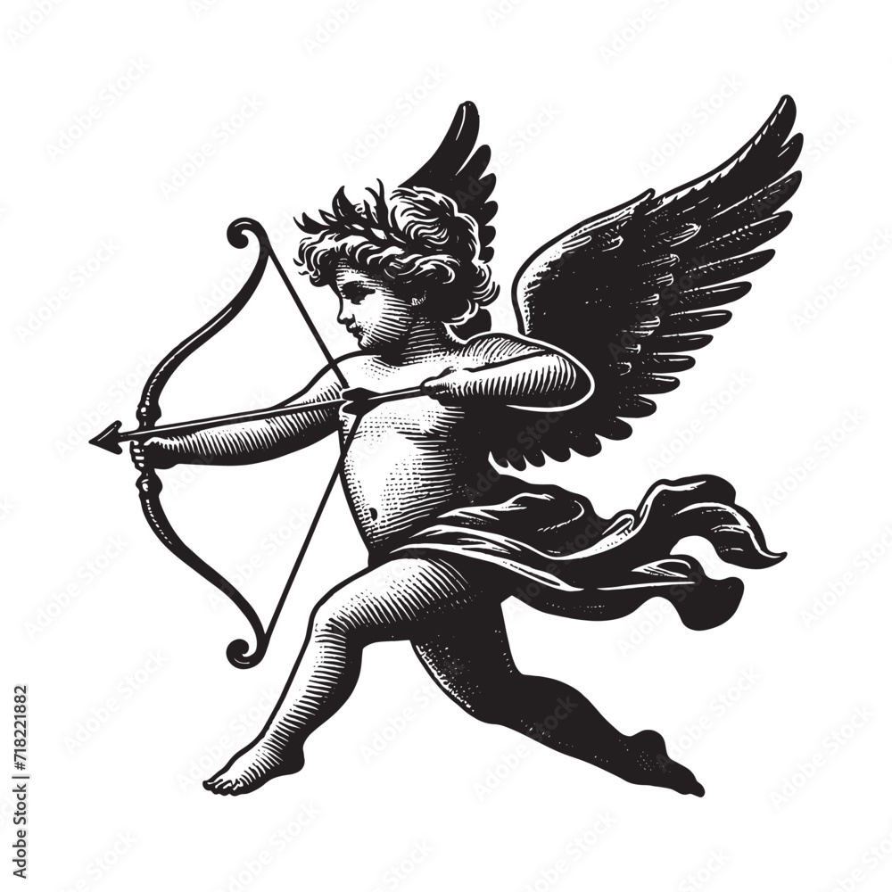 Wall mural cute antique cupid with wings. flies and shoots arrows from a bow. renaissance. love. valentine's da