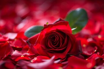 A vibrant red rose encircled by fragrant petals