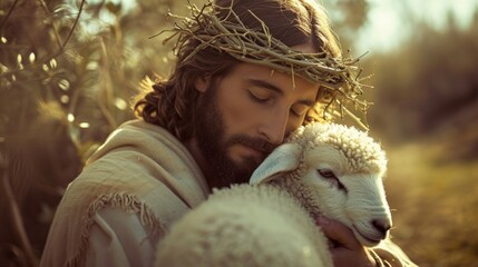 Jesus Christ with Easter lamb - AI Generated - obrazy, fototapety, plakaty