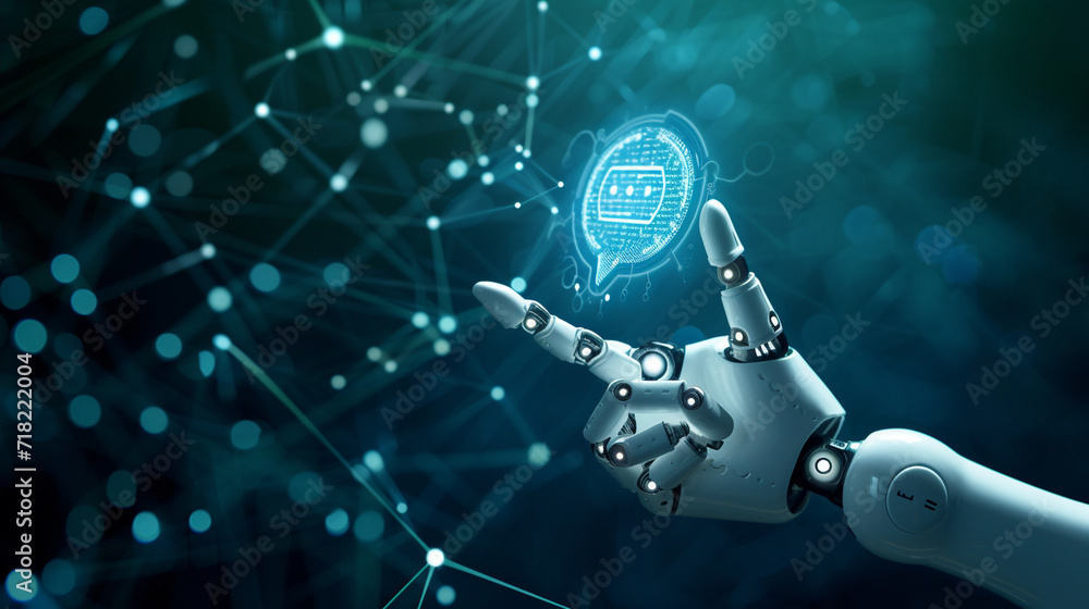 Poster a humanoid robot hand touching a chat icon on a virtual screen, chat bot concept, dynamic and dramat