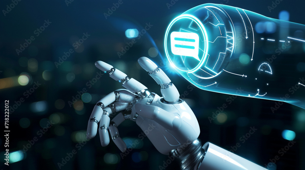 Poster a humanoid robot hand touching a chat icon on a virtual screen, chat bot concept, dynamic and dramat