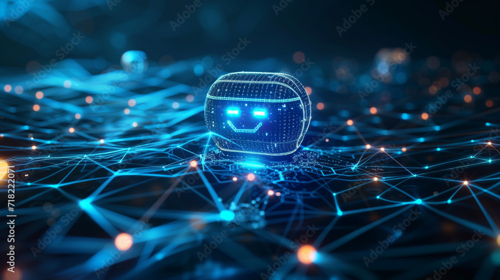 Poster a digital landscape with a chat bot icon central in a network of connections, chat bot concept, dyna
