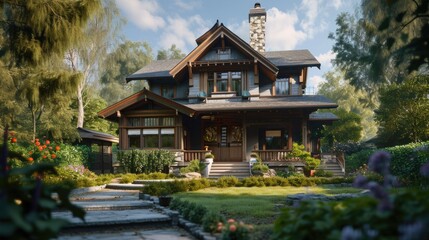 A picture of a house situated in the middle of a vibrant and lush green yard. Ideal for real estate, landscape, and nature-related projects