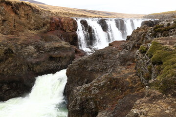 Kolugljúfur is a very pretty canyon located in the north of Iceland and known for its Kolufossar falls that flow to the bottom of the gorge