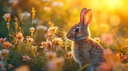 Fototapeta na wymiar Serene Rabbit in a Field of Grass and Flowers at Sunset - AI Generated