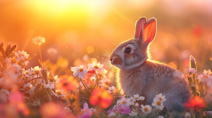 Serene Rabbit in a Field of Grass and Flowers at Sunset - AI Generated