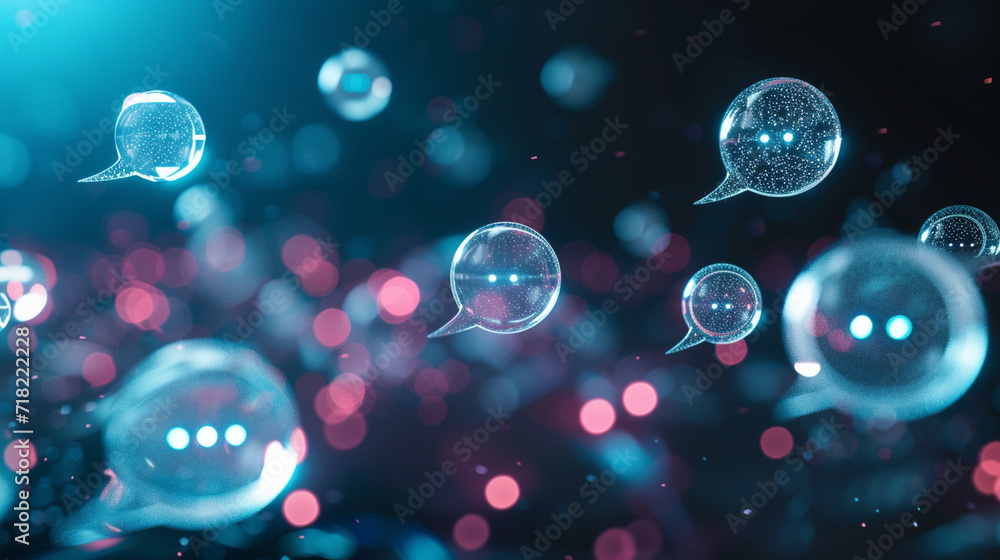 Poster a series of holographic chat bubbles floating in a digital space, chat bot concept, dynamic and dram