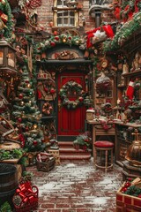Fototapeta na wymiar A vibrant red door adorned with festive Christmas decorations. Perfect for adding a touch of holiday cheer to any project or design