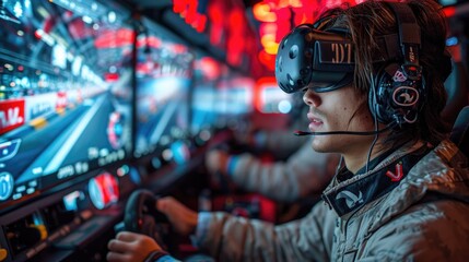 Fototapeta na wymiar High-Octane Thrill: VR Car Racing Simulator Providing an Ultra-Realistic and Immersive Driving Experience Across Diverse Racing Tracks