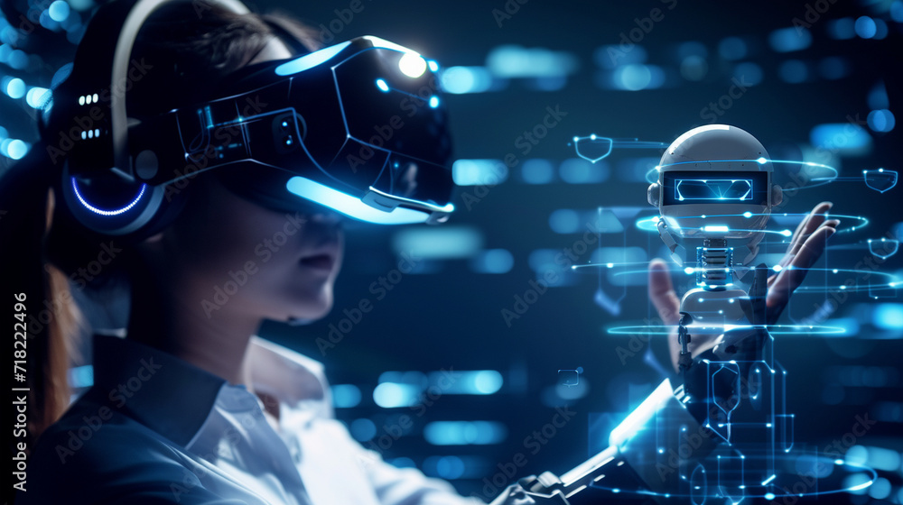 Poster a person wearing vr headset interacting with a virtual chat bot, chat bot concept, dynamic and drama