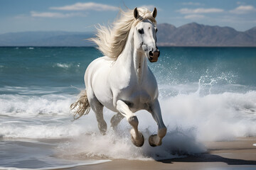 Gorgeous white horse galloping along the beach