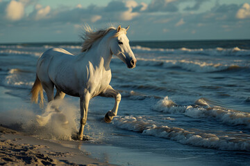 Obraz na płótnie Canvas Gorgeous white horse galloping along the beach