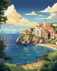 Fototapeta premium Watercolor Italy Portofino Painting Illustration Artwork - Travel Coastal Print - Tourism Cliff Coastline Oil Painting