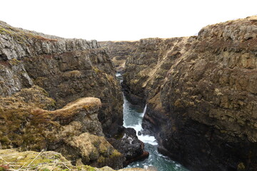 Kolugljúfur is a very pretty canyon located in the north of Iceland and known for its Kolufossar falls that flow to the bottom of the gorge