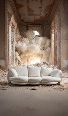 Fototapeta na wymiar A pristine white couch contrasts with the decay around it, where clouds seem to emanate from the floor, creating a surreal effect