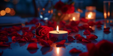 romantic date with rose petals and candle light in a table Generative AI