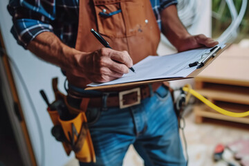 Focused artisan with clipboard and pen meticulously checking task lists among tools and equipment
