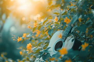 A guitar sitting in a bush with yellow flowers. Perfect for music lovers and nature enthusiasts