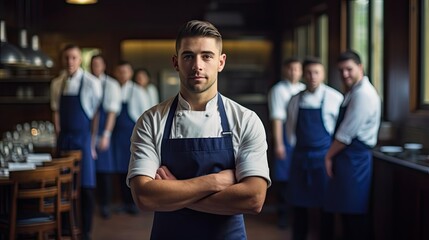Portrait of chef standing with his team on background in kitchen at restaurant. Banner restaurant, food