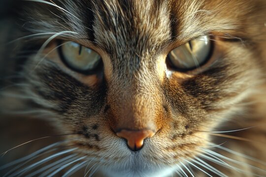 A close up view of a cat's face with a blurry background. This image can be used for various purposes