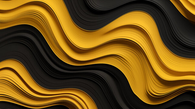 Flux et motifs en mouvement, couleurs jaune et noir. Vague, ondulation, ornement. Fond pour conception et cr&eacute;ation graphique.