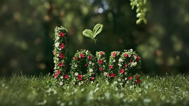 The 3D text Love is made of flowers. A flower forms each letter, Behind is a grass and a forest.