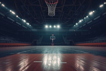 A basketball effortlessly glides through the hoop on a well-maintained basketball court. This image can be used to depict the excitement and skill involved in the game of basketball - obrazy, fototapety, plakaty