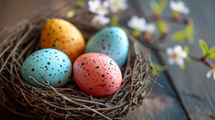 Naklejka na ściany i meble Colorful Easter Eggs in Nest on Wooden Background - AI Generated