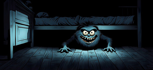 Scary nightmare monster under a kid bed. Cartoon style. - obrazy, fototapety, plakaty