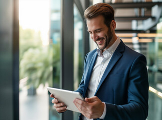 A cheerful corporate professional engages with a digital tablet, reflecting productivity and modern business connectivity
