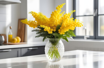 A beautiful bouquet of fluffy yellow mimosa in a glass vase on a white table in a modern bright kitchen against the background of a window. Spring sunny day